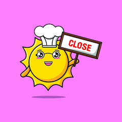 Cute cartoon sun chef character holding close sign designs in concept 3d cartoon style