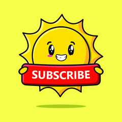 Cute cartoon sun character holding red subscribe board