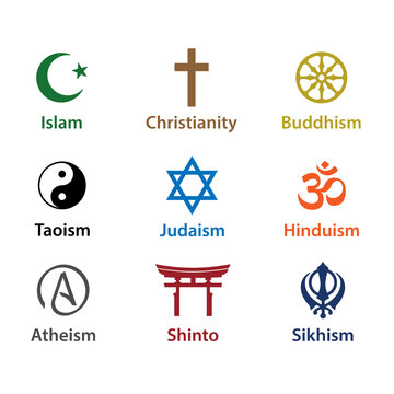 World religion symbols colored. Signs of major religious groups and religions. Christianity, Islam, Hinduism, Buddhism, Taoism, Shinto, Sikhism, Judaism, and Atheism with English labeling. Illustratio