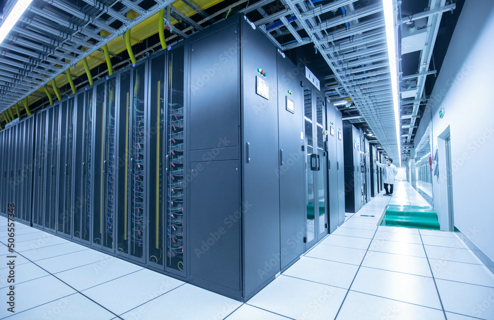 Wall mural china telecom central cloud computing big data center machine room, servers neatly arranged. digital