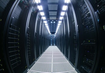 China Telecom central cloud computing big data Center machine room, servers neatly arranged. Digital information economy background.
