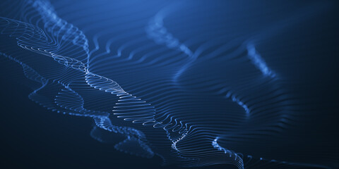 Blue particles wave background. Abstract dynamic mesh. Big data technology.	