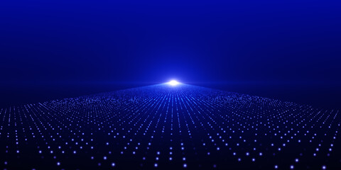 Blue particles wave background. Abstract dynamic mesh. Big data technology.	