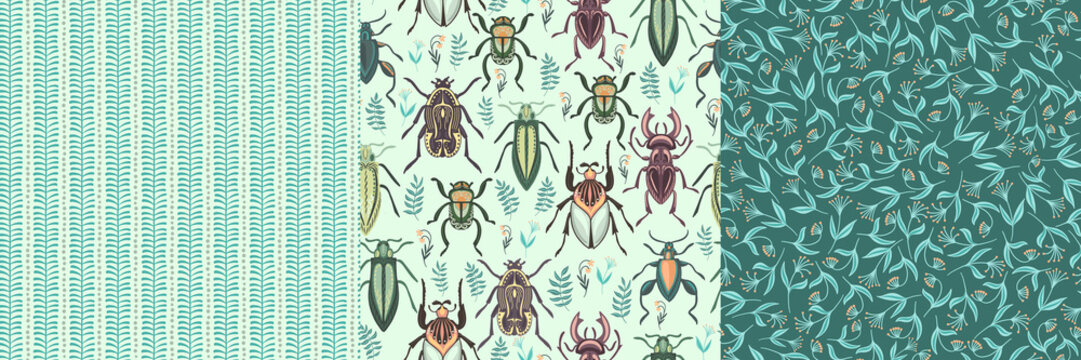 Beetles and flower background. Set of 3 seamless patterns. Summer style. Design for textiles, wallpaper, wrapping paper.