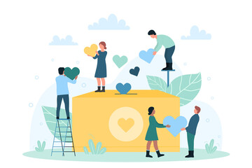 Charity, support and help from community. Cartoon tiny people hold hearts near donation box, group of volunteers give money and assistance flat vector illustration. Awareness, fund, solidarity concept - obrazy, fototapety, plakaty