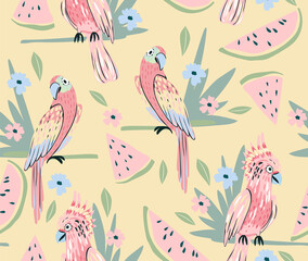 Cute parrot and wattermelon seamless pattern. Background with fruits, birds and flowers. Wallpaper perfect for kids and children.