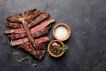 Grilled porterhouse beef steak. Sliced T-bone