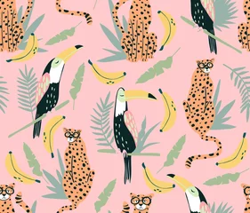 Gardinen Kinderzimmer Muster  Cute toucan and cheetah seamless pattern. Background with animals, birds and bananas. Wallpaper perfect for kids and children.  © Dovikuu