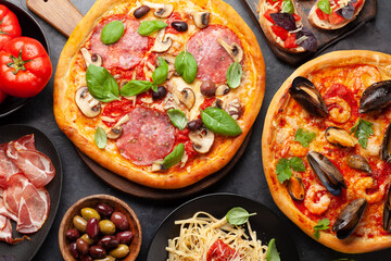 Italian cuisine. Pizza, pasta and toasts
