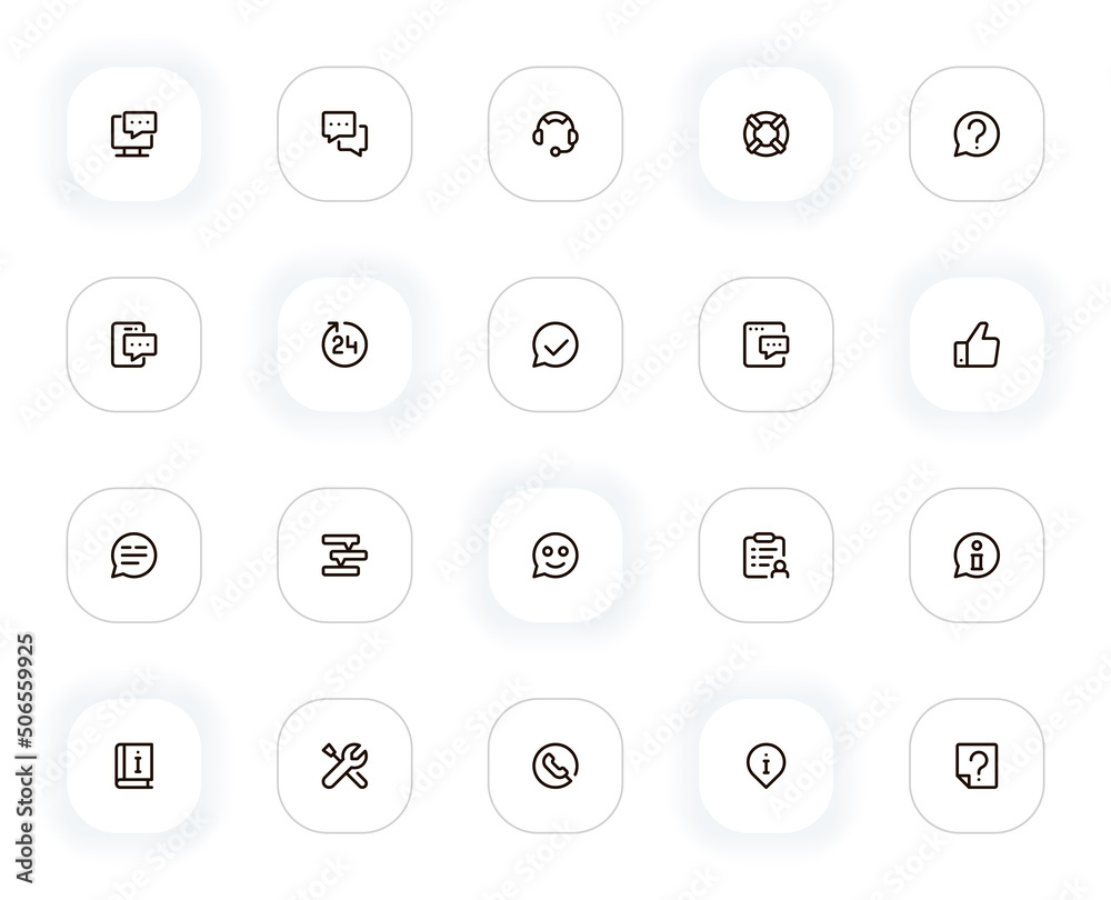 Aufkleber Support, help and question line icons set. Comment, chat, headset, lifebuoy, info, call, service. Vector outline pictograms for web and ui, ux mobile app design. Editable Stroke. 24x24 Pixel Perfect.