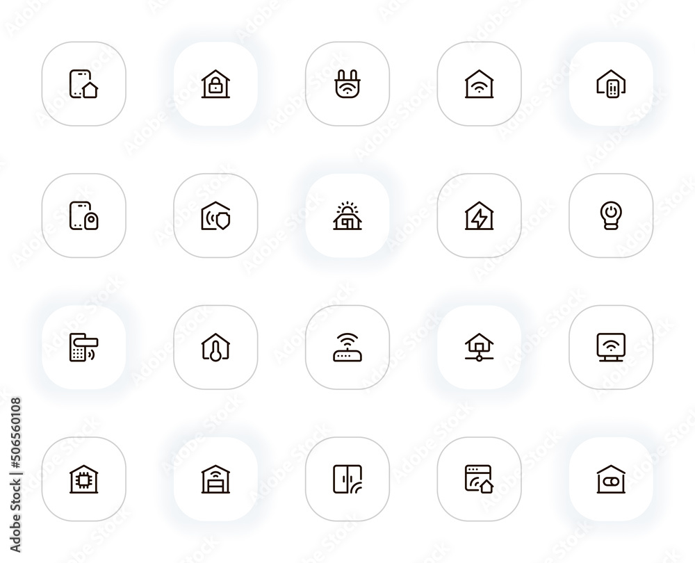 Poster smart home line icons set. security, lock, energy, wifi, protection, password, automation, system. v