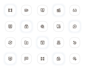 Video and movies line icons set. Film reel, player, clapperboard, 3d glasses, subtitles, cinema. Vector outline pictograms for web and ui, ux mobile app design. Editable Stroke. 24x24 Pixel Perfect.