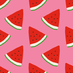 watermelon slices vector seamless pattern. hand drawn. illustration for wallpaper, wrapping paper, textile, background. red juicy summer fruit. doodle