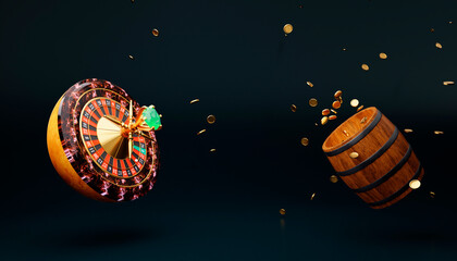 Naklejka premium Online casino. 3D roulette wheel on dark green - blue background. Wood barrel with flying coins. Gambling concept design. 3d rendering illustration.