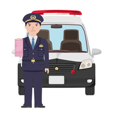 パトカー前で赤切符を持っている制服の男性警察官
