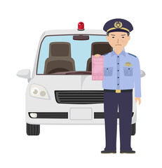 覆面パトカー前で赤切符を持っている夏服の男性警察官
