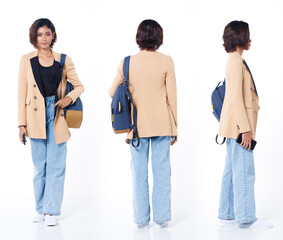 Obraz premium Full length of Asian Indian 20s working woman with curl hair hold cell smart phone backpack blazzer