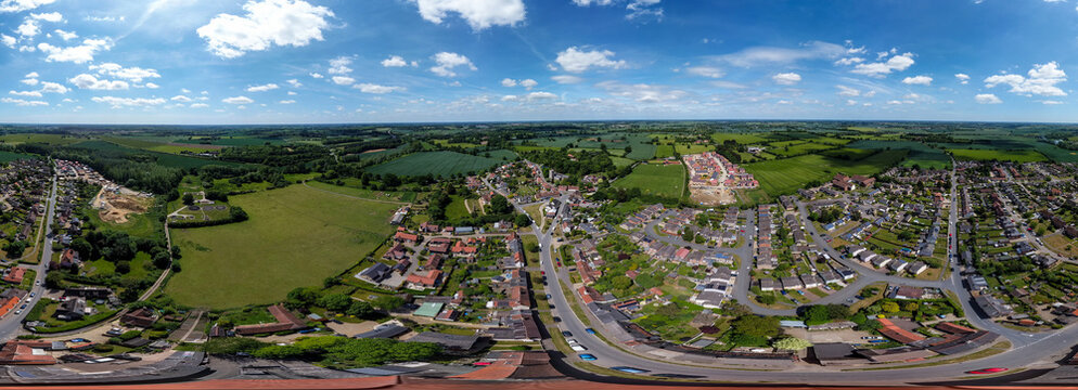 A 360 degree image of an aerial view of the village of Haughley in Suffolk, UK