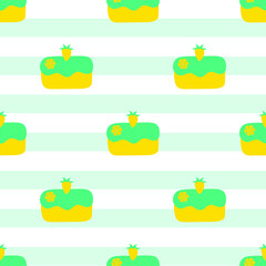 Pineapple Cake with its slice isolated on stripe background is in Seamless pattern - vector illustration