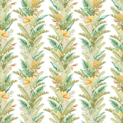 Bright and juicy seamless surface pattern with bananas, pineapples and palm leaves. Hand painted watercolor.