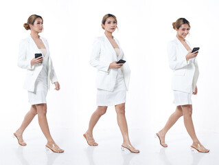 Obraz premium Full length 20s Asian Business woman wear white blazzer formal suit dress skirt. Office Female