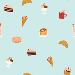 Cute seamless pattern with sweets, cakes, drinks and desserts. Vector hand drawn cartoon style illustration