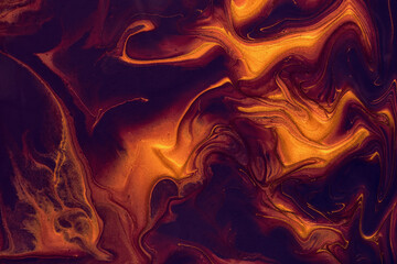 Abstract fluid art background black and orange colors. Liquid marble. Acrylic painting with golden gradient.