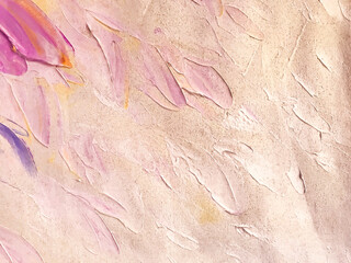 Abstract art background light pink and lilac colors. Watercolor painting on canvas with pearl coral brush strokes.