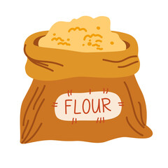 Bag flour and wheat ears. Wheat, rye, rye ear, symbol of farming, bread, harvest. Whole stems, an organic vegetarian element of food packaging. Vector flat illustration.
