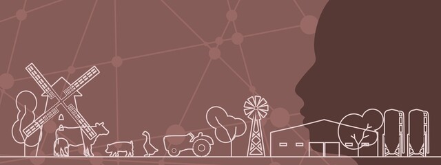 Overlayed outline icons of trees, , tractor and farm animals. Ecologically clean area. Village in the summer. Thin line style illustration or background for eco products, banner. Face of farmer