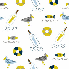 Seamless background with seagulls. Cute nautical pattern of fabric, baby clothes, background, textiles, wrapping paper and other decorations. Vector illustration.