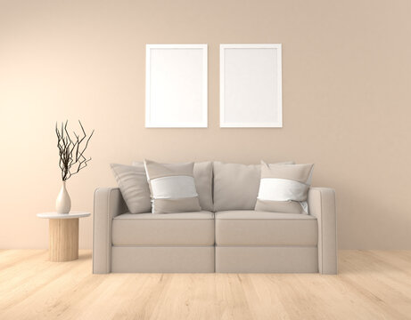 modern living room with 2 picture frame mockup template
