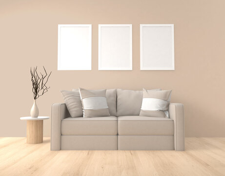 modern living room with 3 picture frame mockup template