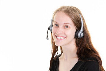 girl customer service operator woman with headset smiling isolated on white background