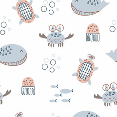 Sea space seamless pattern. Sea life vector illustration for your design
