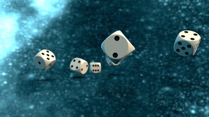 Rolling white-black dices under 
outer space background. 3D CG. 3D illustration. 3D high quality rendering.