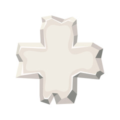  Stone sign board, isolated on white background. Gray cracked oval boulder panel, arrow, plus. Interface stone button, mobile app element. Vector cartoon illustration.