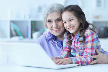 portrait of happy grandmother and daughter using laptop
