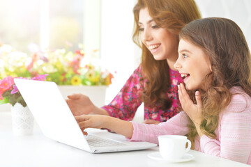 Smiling mother and daughter using laptop