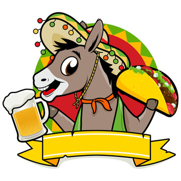 Mexican donkey serving tacos and beer. Vector illustration