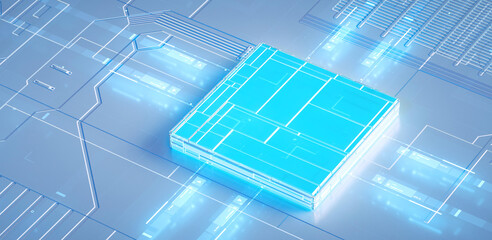 3D rendering of cyberpunk AI. Circuit board. Technology background. Central Computer Processors CPU and GPU concept. Motherboard digital chip. Tech science background.