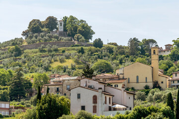 Fototapeta na wymiar Panoramic view of Carmignano, Prato, Italy and its fortress