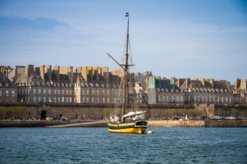 Old corsair ship in the port of Saint-Malo, Brittany, France