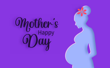 Happy mother's day. The silhouette of a pregnant woman is glad that she is expecting a baby. Modern postcard in paper art style with purple horizontal background. vector