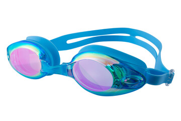 cyan goggles for swimming, with mirrored pink glasses, on a white background