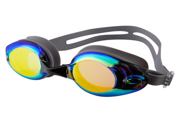 black swimming goggles, with mirror yellow optics, on a white background
