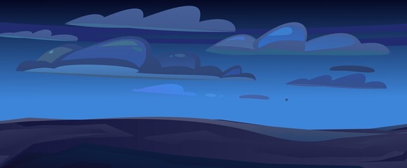 flat terrain in Rocks cliffs landscape. Night scenery in mountains. Cartoon flat style. Dark twilight and dusk. Vector