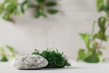 Natural stone podium and green leaves. Minimal modern product display, scene stage showcase for cosmetic product, promotion sale