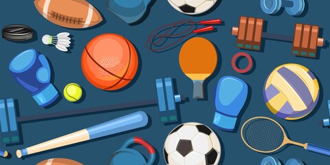 Sports equipment for athletes. Horizontal seamless pattern. Set of tools. Colorful Illustration Vector