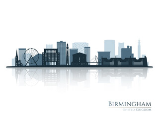 Birmingham skyline silhouette with reflection. Landscape Birmingham, United Kingdom. Vector illustration.